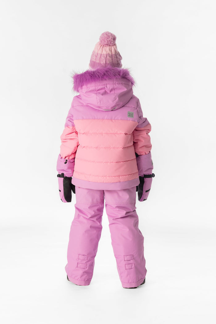 Child wearing the pinkish violet and pink Deux par Deux PLAY snowsuit, back view