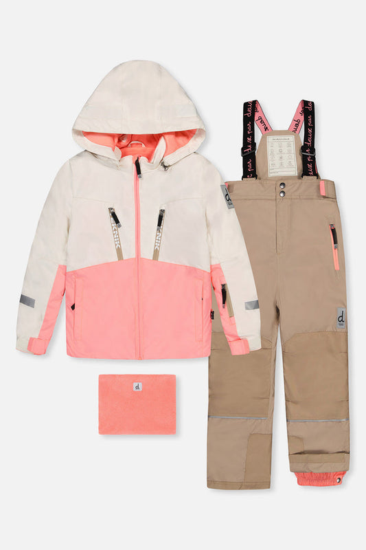 Deux par Deux TEKNIK two-piece snowsuit: off-white and pink jacket and beige bib snow pants