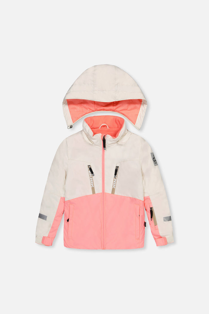 Off-white and pink TEKNIK ski jacket, front view with hood