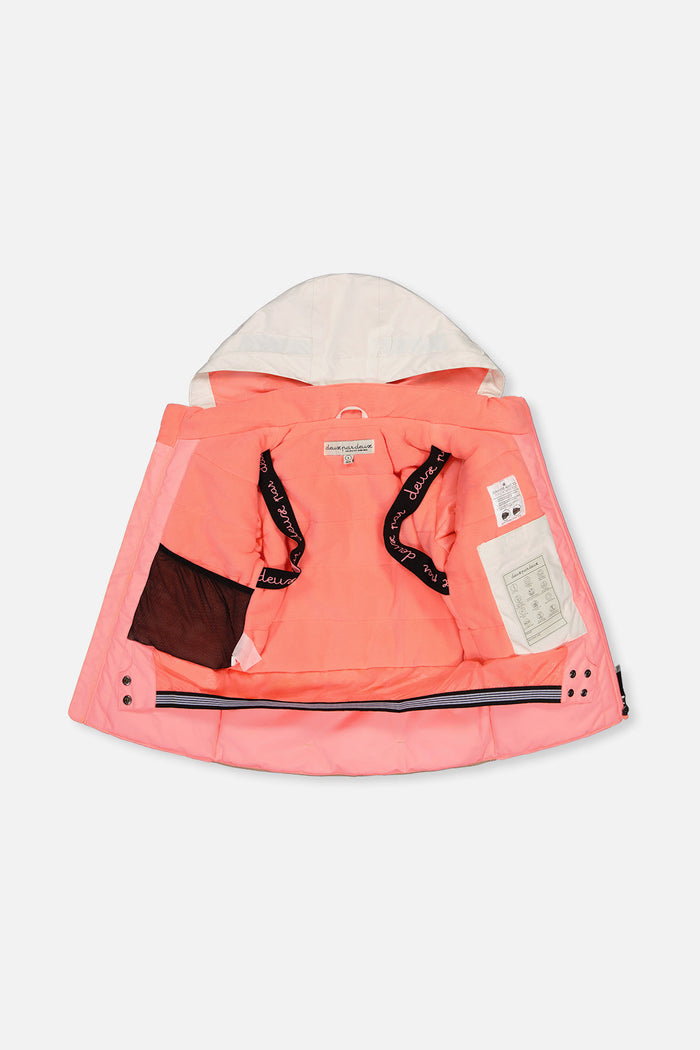 Off-white and pink TEKNIK jacket opened to show the fleece lining, inner straps and pocket