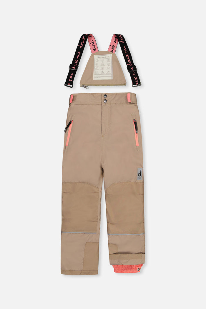 Beige TEKNIK bib snow pants with suspenders, front view