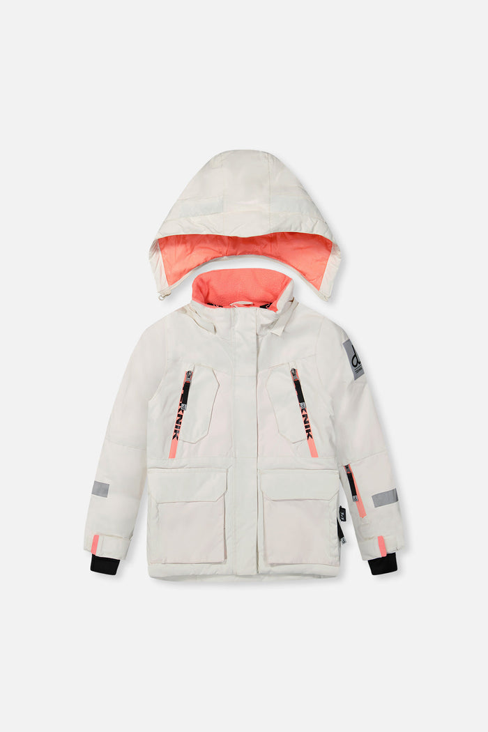 Deux par Deux girls' Teknik two-piece snowsuit, off-white and pink jacket with black pants – jacket, front view