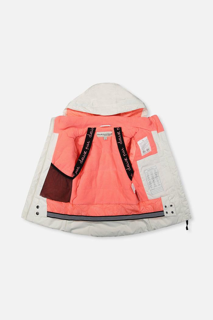 Deux par Deux girls' Teknik two-piece snowsuit, off-white and pink jacket with black pants – jacket open to show the lining