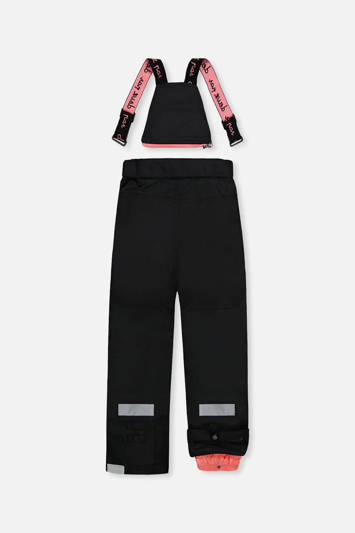 Deux par Deux girls' Teknik two-piece snowsuit, off-white and pink jacket with black pants – snow pants, back view