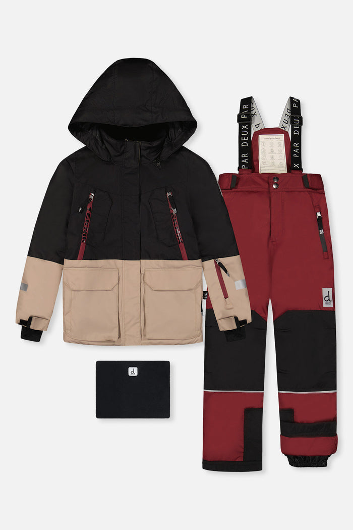 Deux par Deux TEKNIK two-piece snowsuit: black and beige jacket, burgundy snow pants and neck warmer, front view