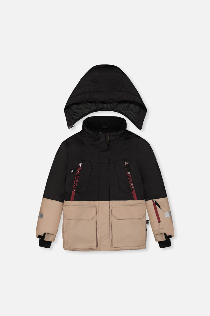 Black and beige Deux par Deux TEKNIK jacket with hood, front view
