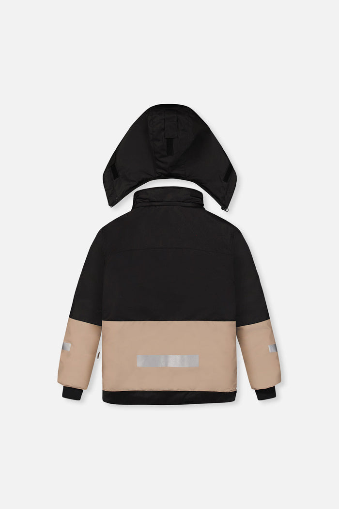 Black and beige Deux par Deux TEKNIK jacket with reflective strip, back view