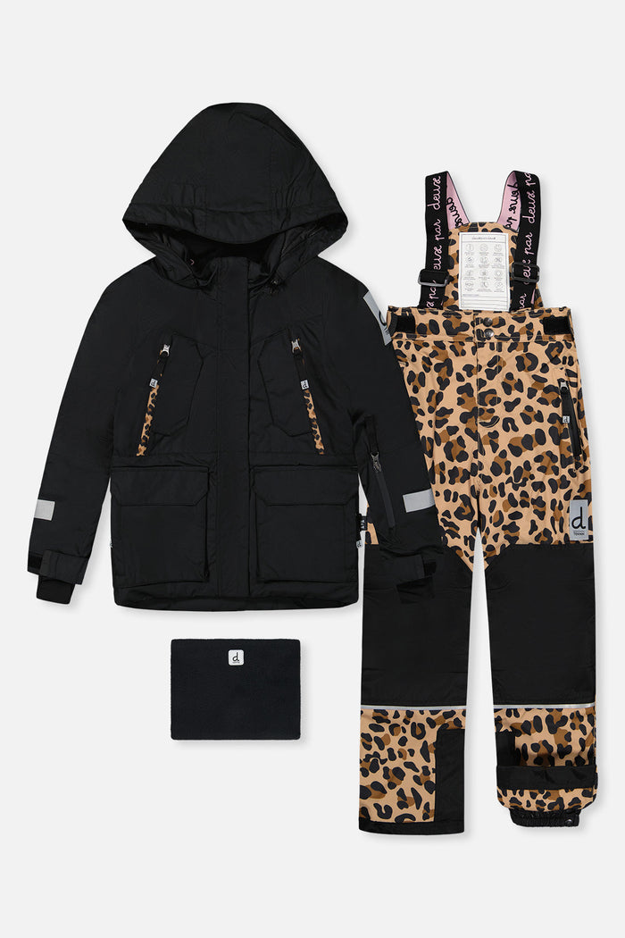 Deux par Deux girls' Teknik two-piece snowsuit, black jacket with leopard print pants – jacket, snow pants and neck warmer, front view