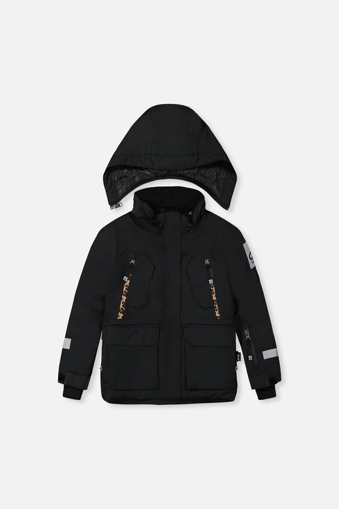 Deux par Deux girls' Teknik two-piece snowsuit, black jacket with leopard print pants – jacket, front view