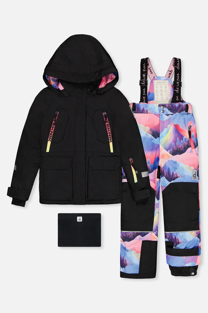 Deux par Deux girls' Teknik snowsuit, black jacket and pink-blue mountain print pants – jacket, snow pants and neck warmer, front view