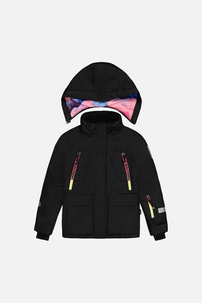 Deux par Deux girls' Teknik snowsuit, black jacket and pink-blue mountain print pants – jacket, front view