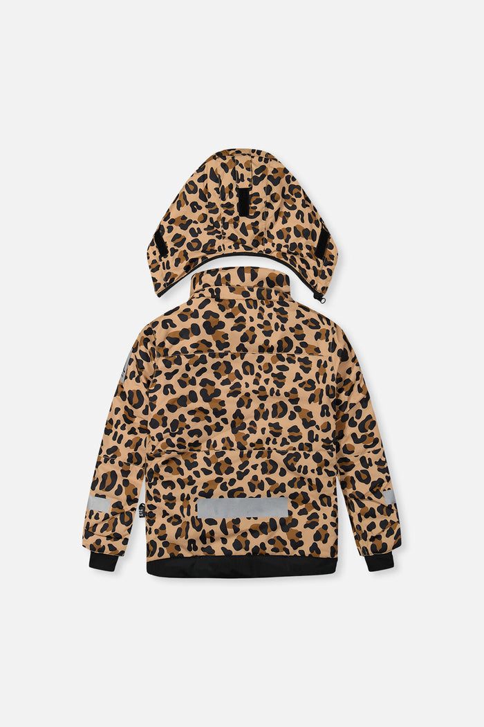 Deux par Deux girls' Teknik two-piece snowsuit, leopard print jacket with black pants – jacket, back view