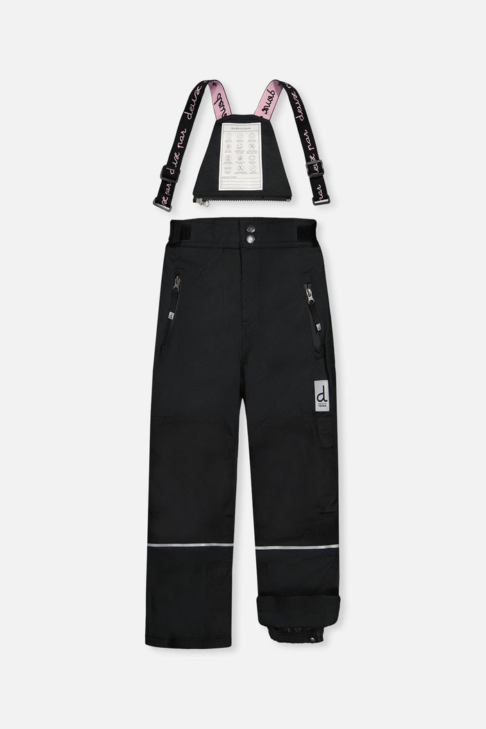 Deux par Deux girls' Teknik two-piece snowsuit, leopard print jacket with black pants – snow pants with suspenders, front view