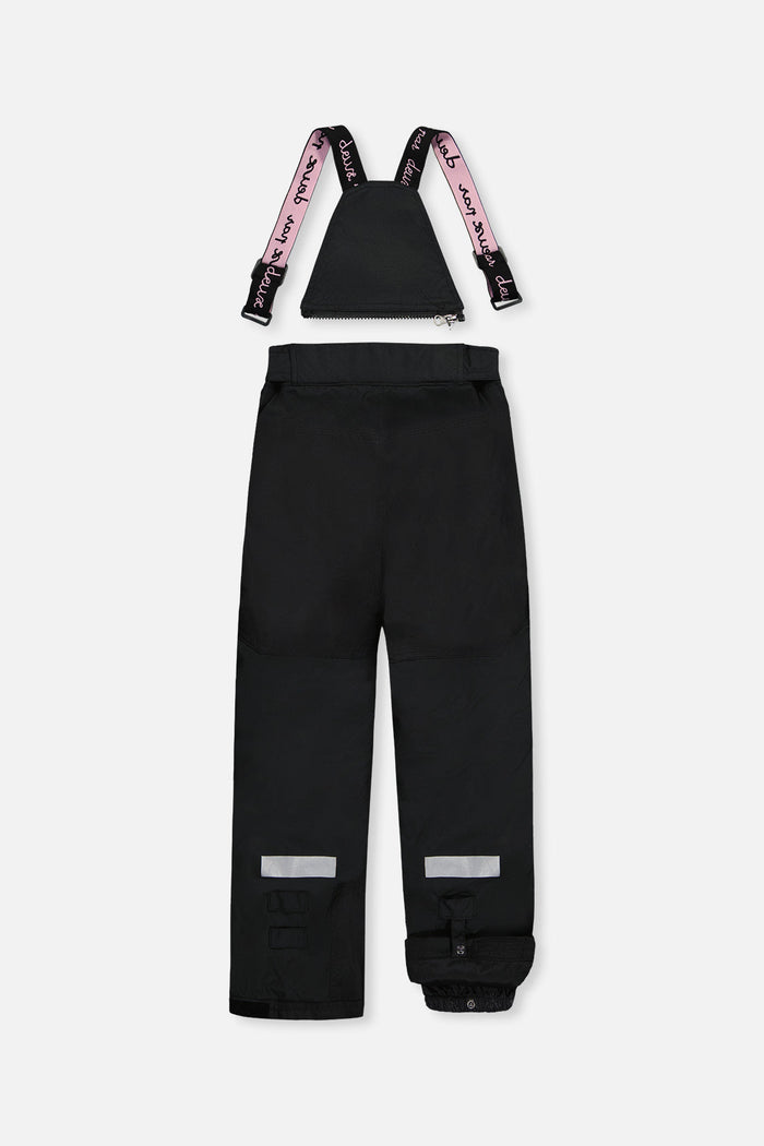 Deux par Deux girls' Teknik two-piece snowsuit, leopard print jacket with black pants – snow pants, back view