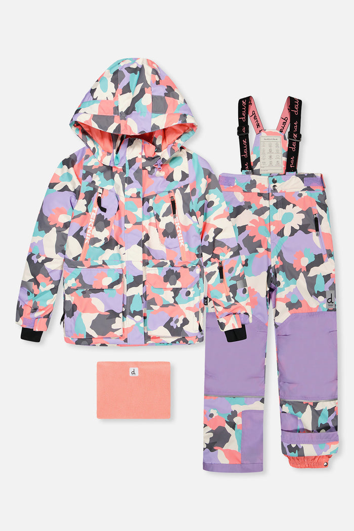 Deux par Deux girls' Teknik two-piece snowsuit in coral camouflage print with lilac panels – jacket, snow pants and neck warmer, front view