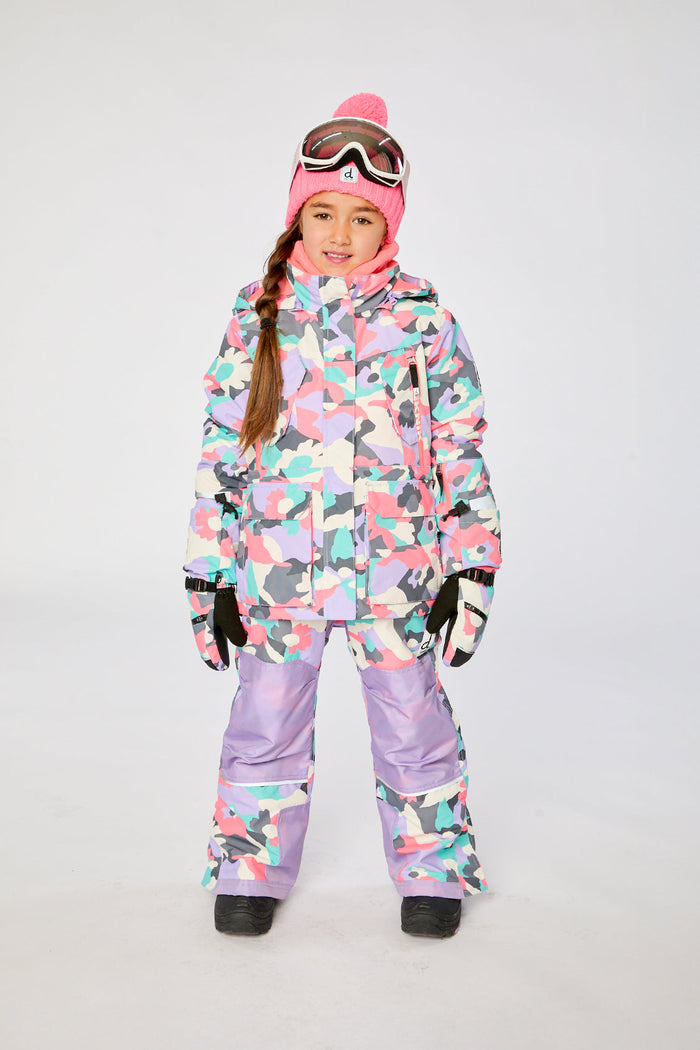 Deux par Deux girls' Teknik two-piece snowsuit in coral camouflage print with lilac panels – worn by a child model, full length