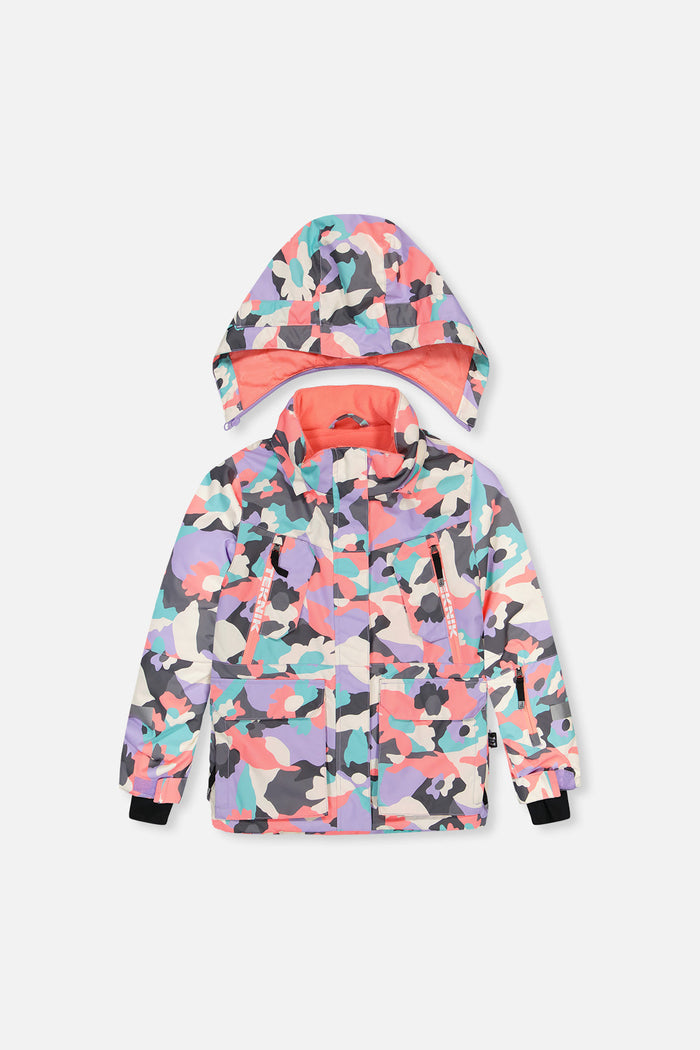 Deux par Deux girls' Teknik two-piece snowsuit in coral camouflage print with lilac panels – jacket, front view