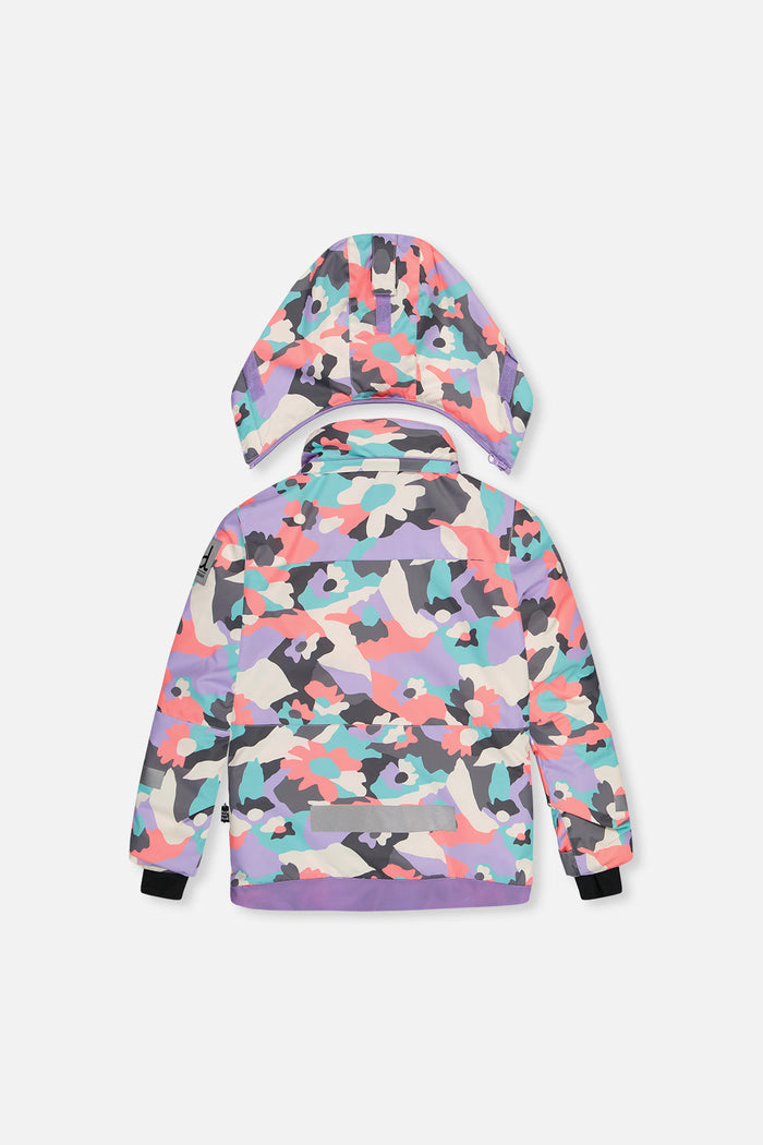 Deux par Deux girls' Teknik two-piece snowsuit in coral camouflage print with lilac panels – jacket, back view