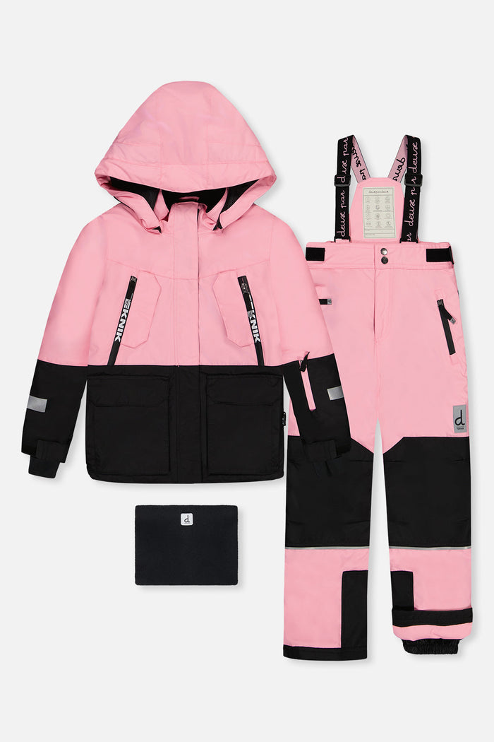 Deux par Deux girls' TEKNIK two-piece snowsuit in pink and black – jacket, snow pants and neck warmer, front view