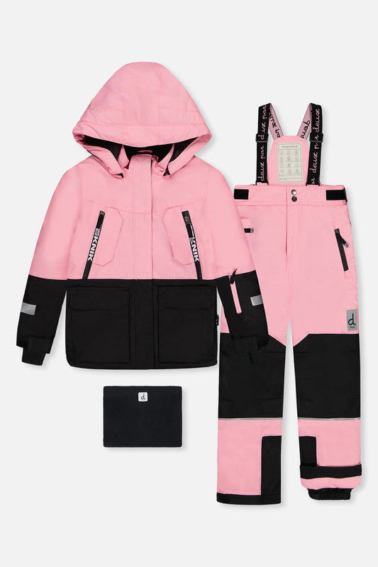 Deux par Deux girls' TEKNIK two-piece snowsuit in pink and black – jacket, snow pants and neck warmer, front view