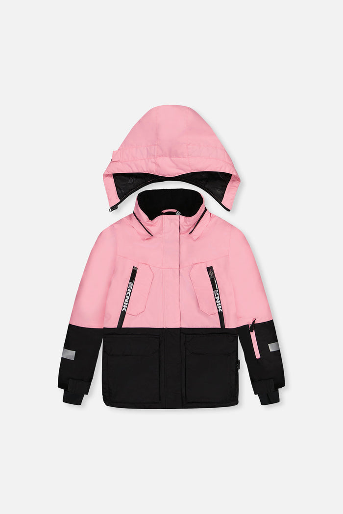 Deux par Deux pink and black TEKNIK snowsuit jacket, front view