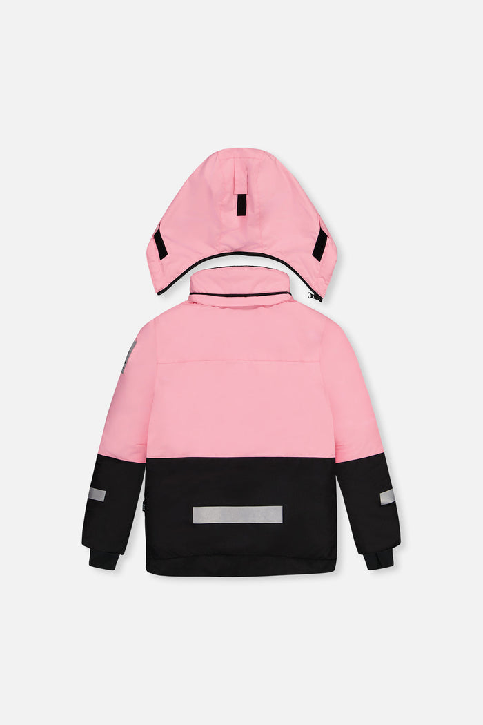 Deux par Deux pink and black TEKNIK snowsuit jacket, back view