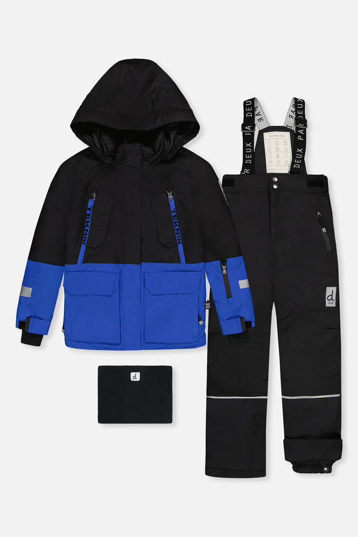 Deux par Deux TEKNIK two-piece snowsuit: black and royal blue jacket, black snow pants and neck warmer, front view