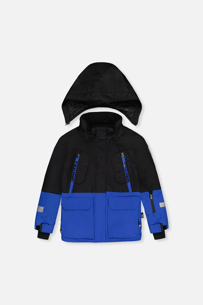 Black and royal blue Deux par Deux TEKNIK jacket with hood, front view