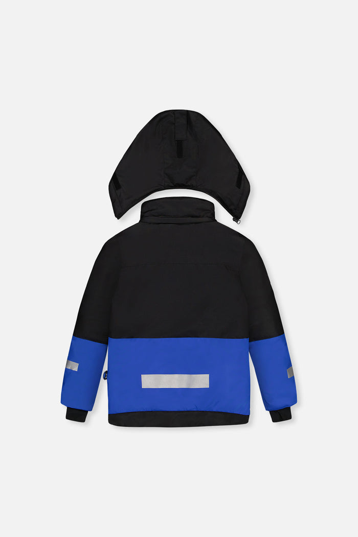 Black and royal blue Deux par Deux TEKNIK jacket with reflective strip, back view