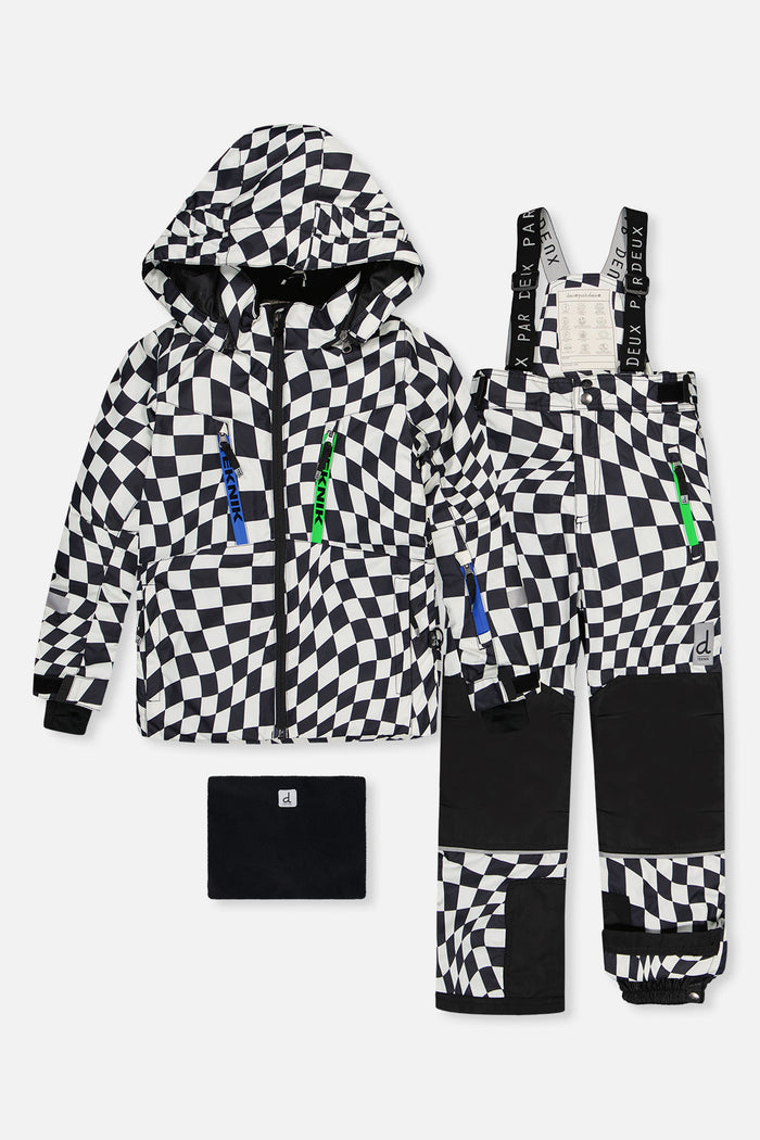 Deux par Deux TEKNIK boys two-piece snowsuit in a black and white wavy checkered print, shown with neckwarmer, front view