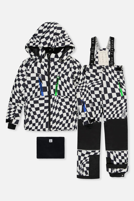 Deux par Deux TEKNIK boys two-piece snowsuit in a black and white wavy checkered print, shown with neckwarmer, front view