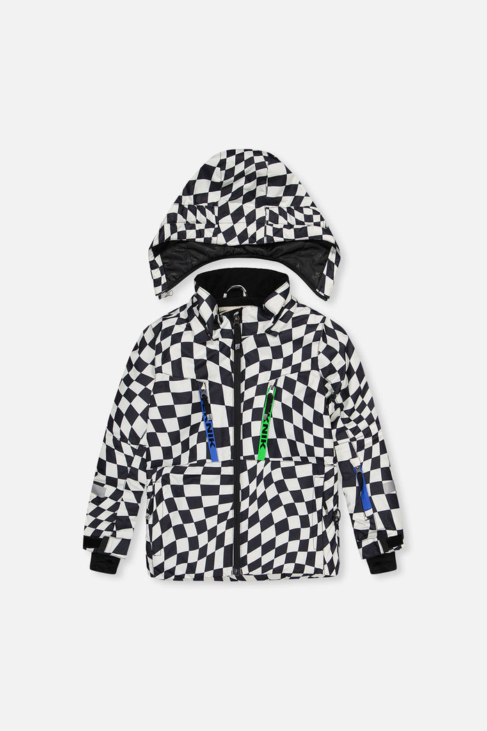Checkered TEKNIK ski jacket with blue and green zipper pulls, front view with hood