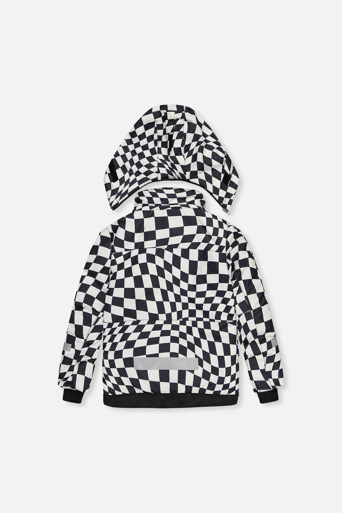 Back view of the black and white checkered TEKNIK jacket with hood
