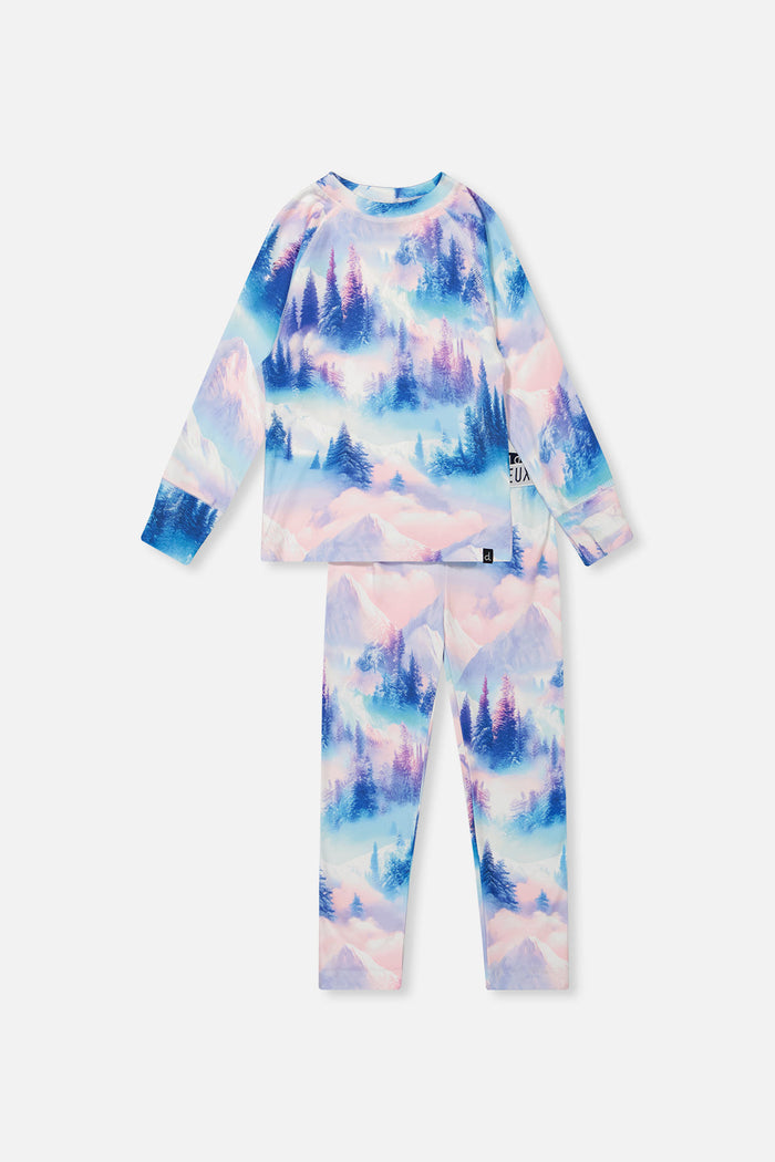 Deux par Deux girls' thermal underwear set in blue and pink mountain print – front view