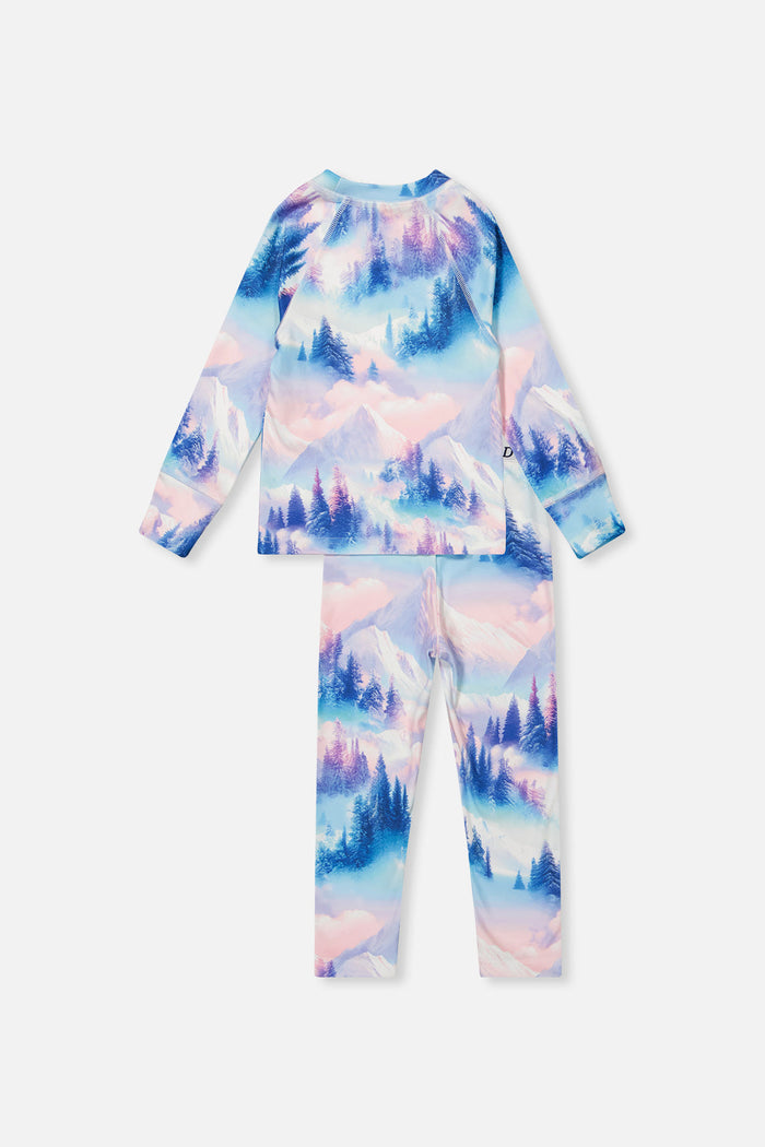 Deux par Deux girls' thermal underwear set in blue and pink mountain print – back view