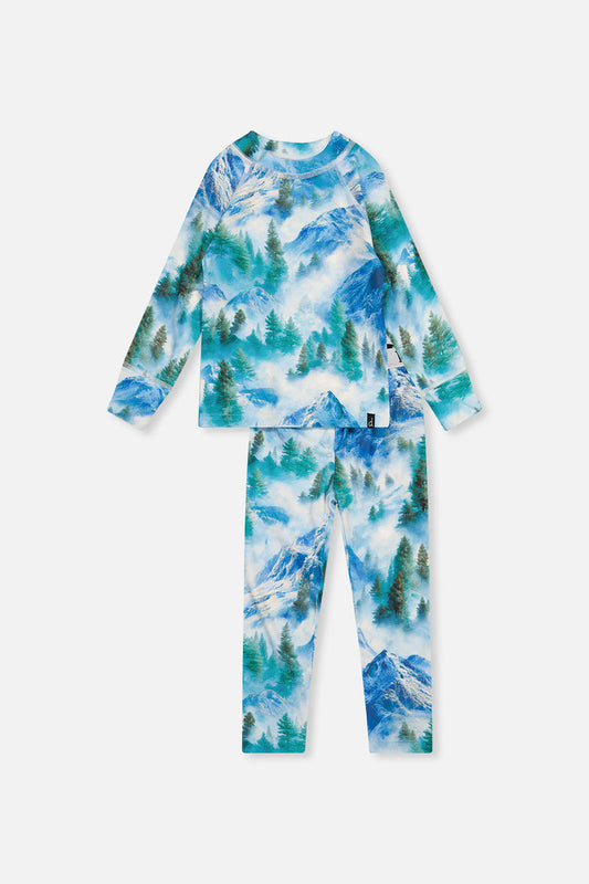 Deux par Deux boys' thermal base layer set in blue mountain print – front view