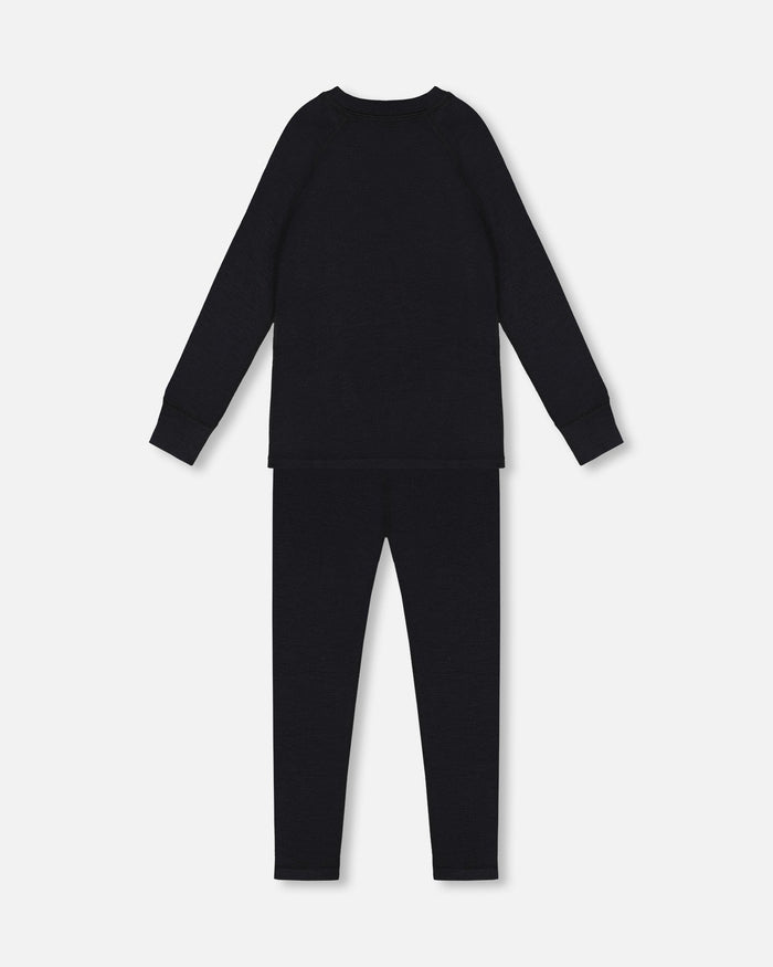Deux par Deux kids' merino blend two-piece thermal base layer in black – top and pants, back view