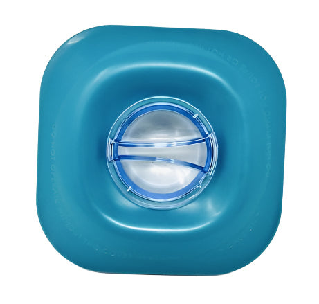 A blue mixer jar lid with a transparent center and a white gasket, designed to fit on a jar.