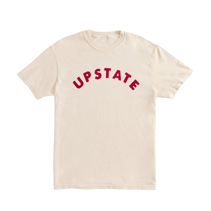 Beige t-shirt with 'UPSTATE' printed in red on a white background