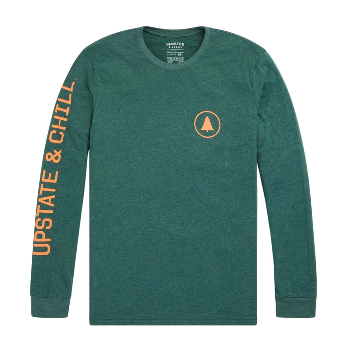 Green long-sleeve shirt with orange text and logo on a gray background