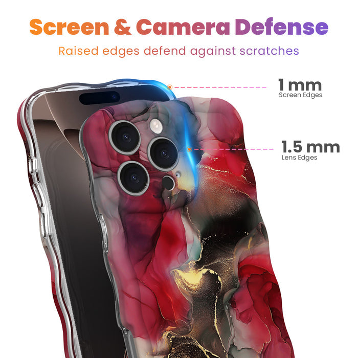 Screen and camera defense graphic for the Velvet Vixen iPhone case, showing 1 mm raised screen edges and 1.5 mm raised lens edges on the crimson marble print.