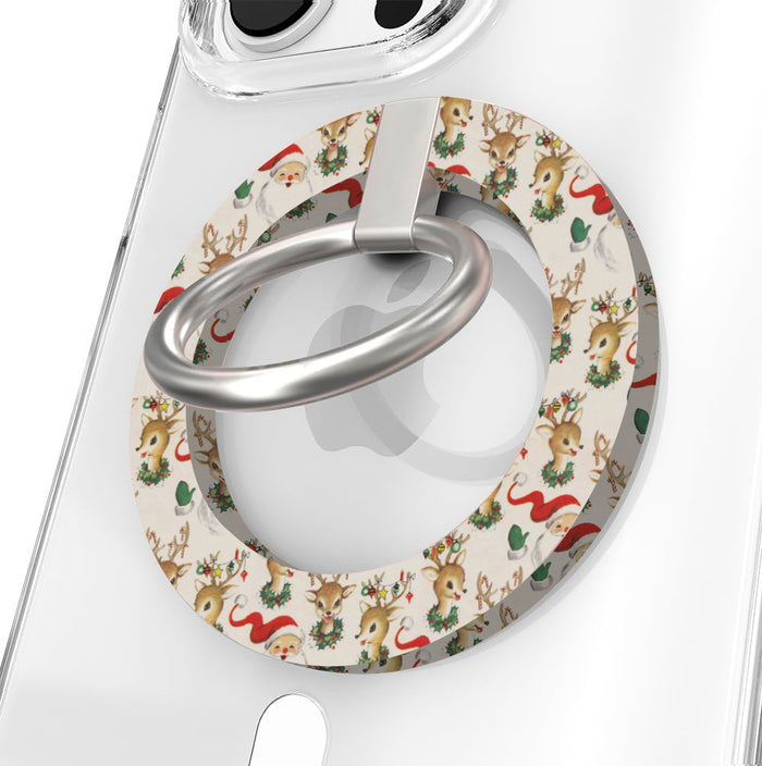 Vintage Christmas Hold It Fancy MagSafe grip ring on a clear case, silver ring flipped up as a stand