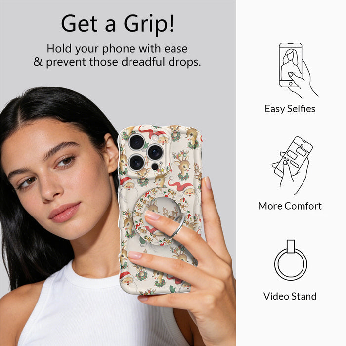 Get a Grip infographic: woman taking a selfie holding the Vintage Christmas case by its matching grip ring, for easy selfies, more comfort and a video stand