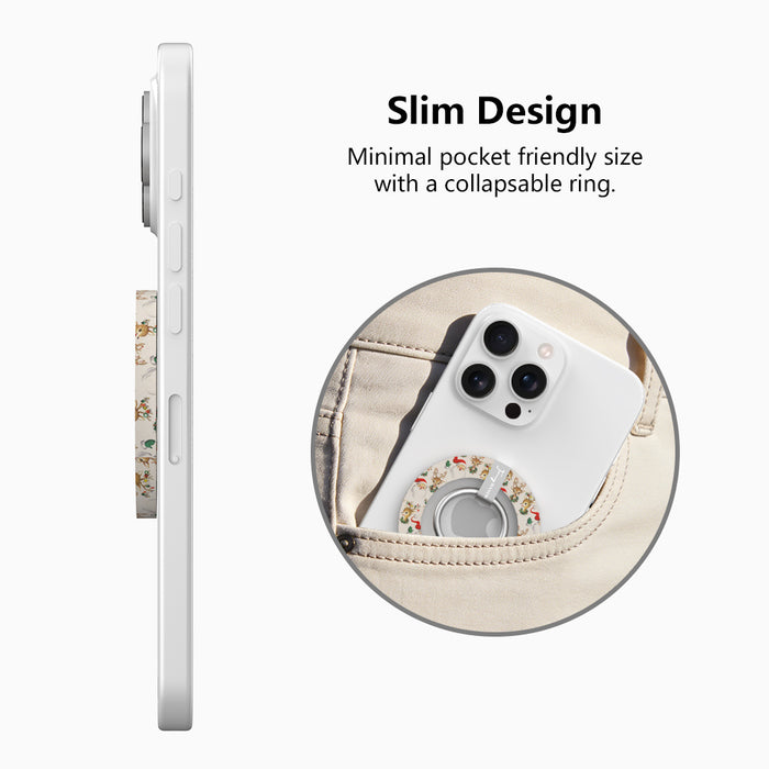Vintage Christmas grip ring slim design: thin side profile on an iPhone, and the phone with the ring folded flat slipping into a jeans pocket