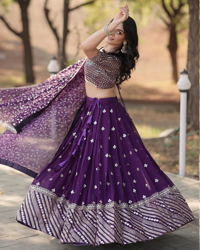 Wedding Wear Dark Purple Color Blooming Lehenga Choli