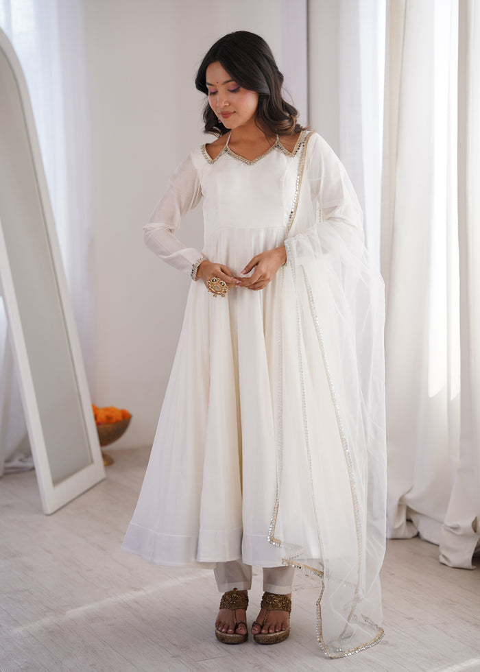 White Color Chanderi Roman Silk Three Piece Anarkali Suit