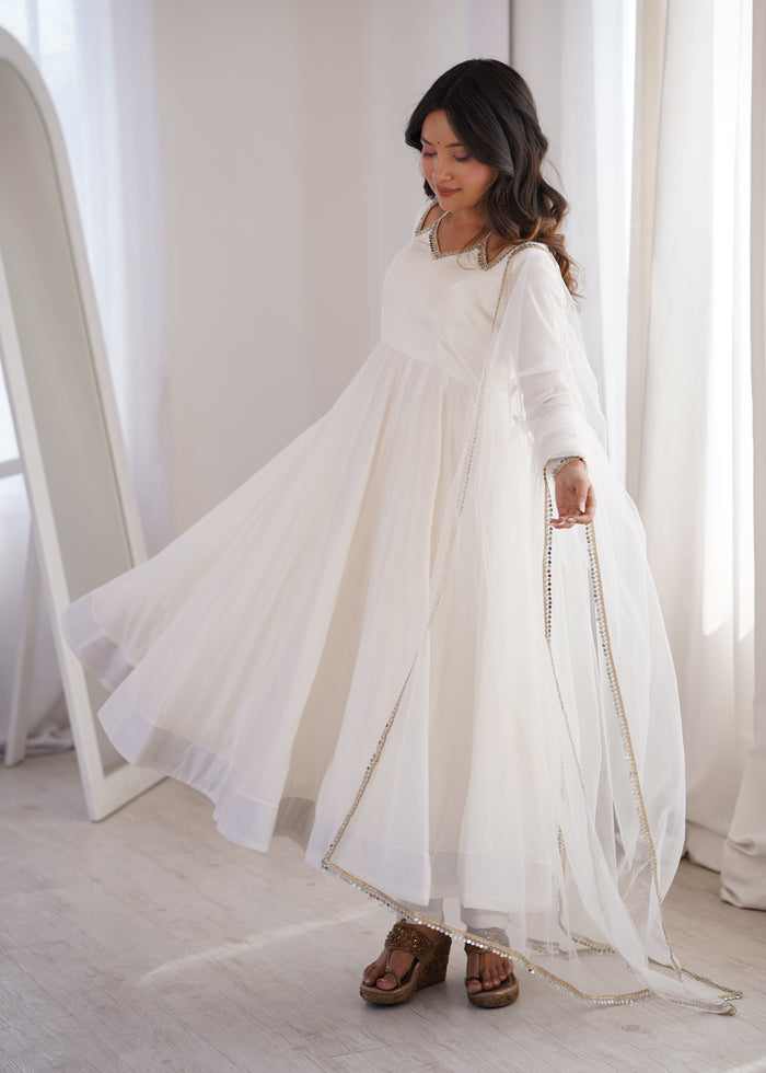 White Color Chanderi Roman Silk Three Piece Anarkali Suit