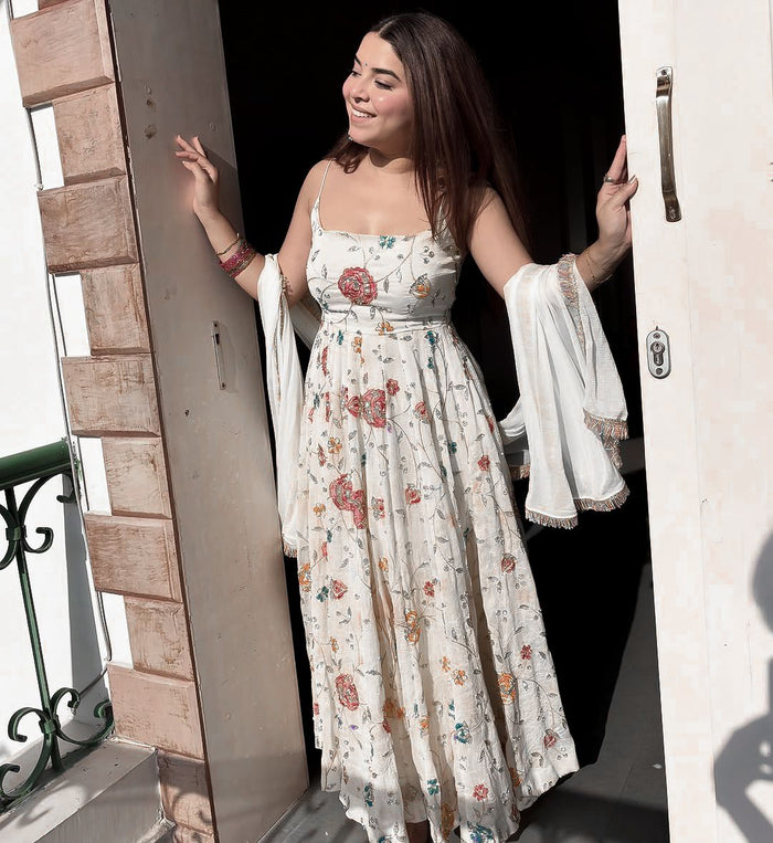 White Floral Embroidered Anarkali Gown with Dupatta | Wedding Ethnic Set