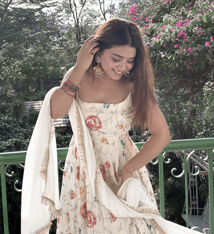 White Floral Embroidered Anarkali Gown with Dupatta | Wedding Ethnic Set