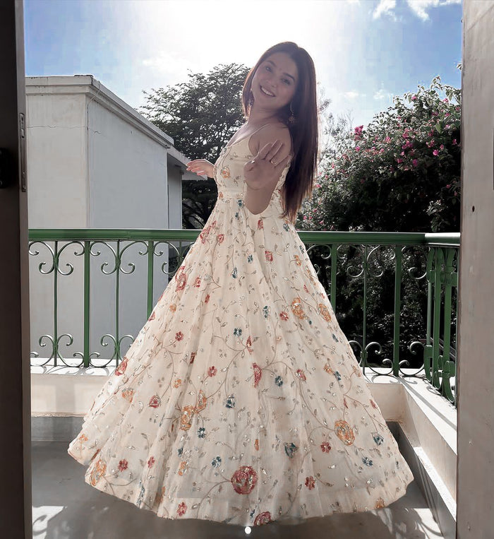 White Floral Embroidered Anarkali Gown with Dupatta | Wedding Ethnic Set